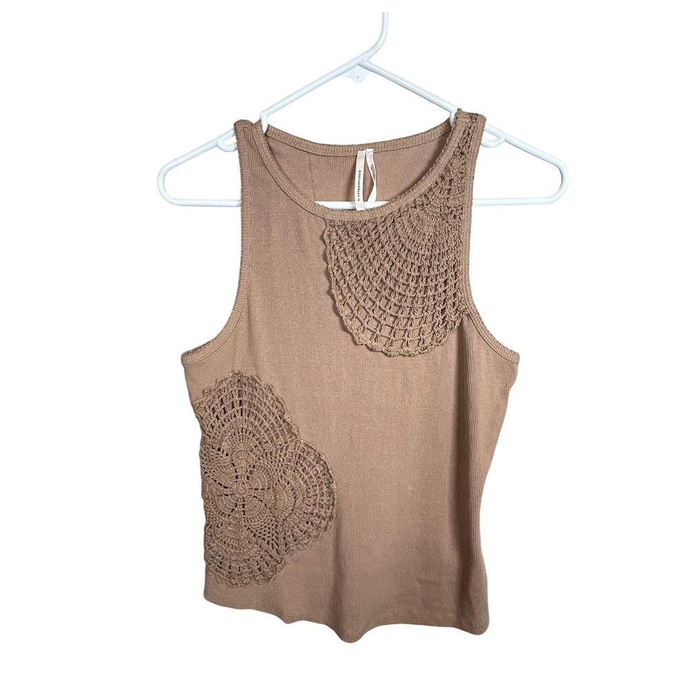 Anthropologie Tank Top Womens SP Tan Crochet‎ Patch Ribbed Knit Sleeveless Boho